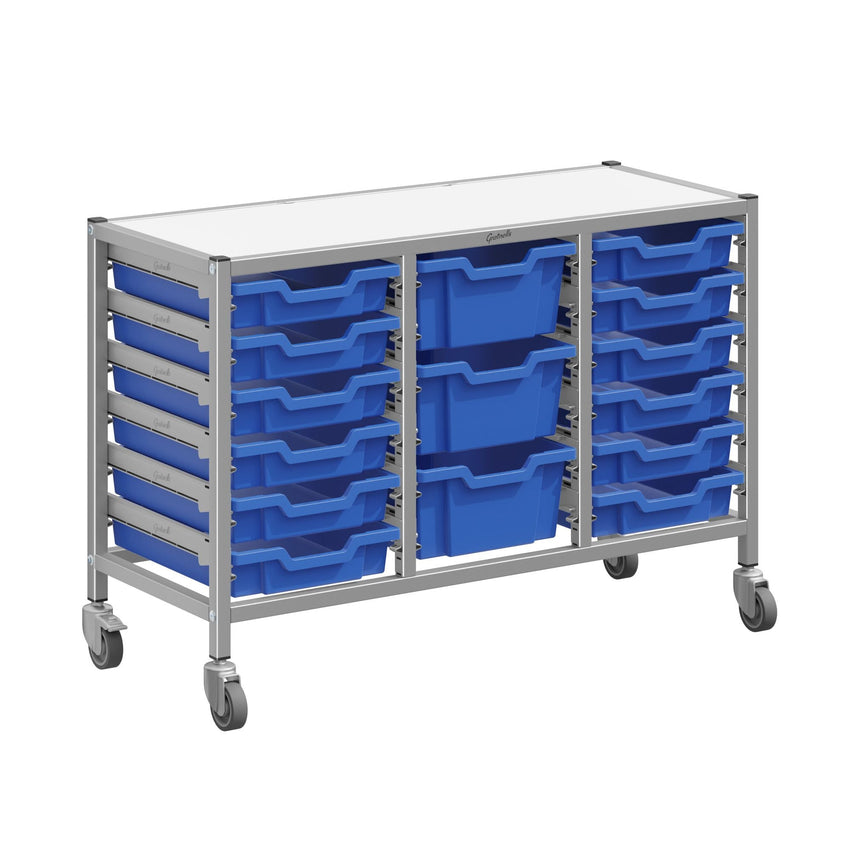 Gratnells Dynamis Low Triple Cart Set 60 Silver with 3" Casters, 2 braked & Feet 12 - 3 inch and 3 - 6 inch deep Trays (GRA - DYTL344) - SchoolOutlet