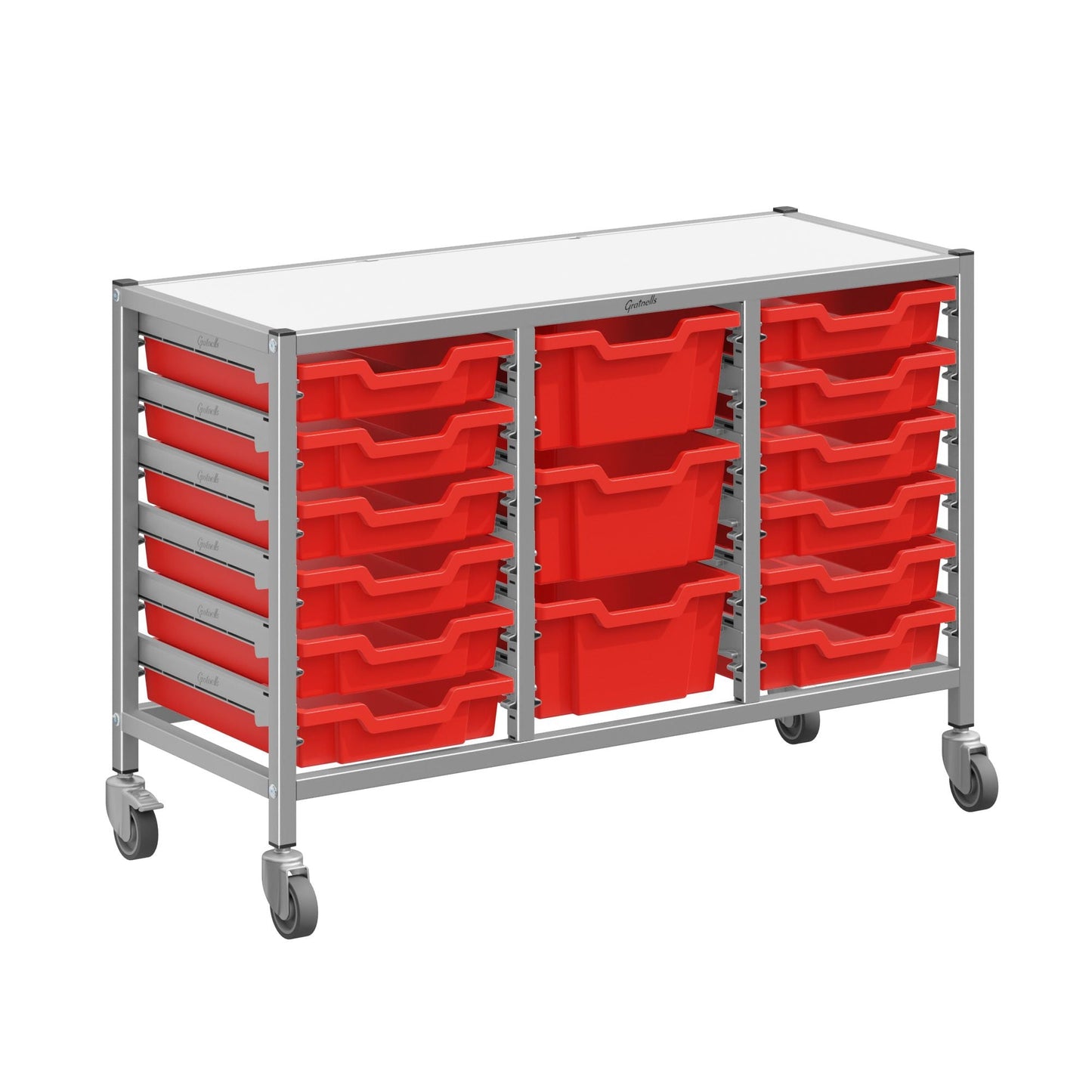 Gratnells Dynamis Low Triple Cart Set 60 Silver with 3" Casters, 2 braked & Feet 12 - 3 inch and 3 - 6 inch deep Trays (GRA - DYTL344) - SchoolOutlet