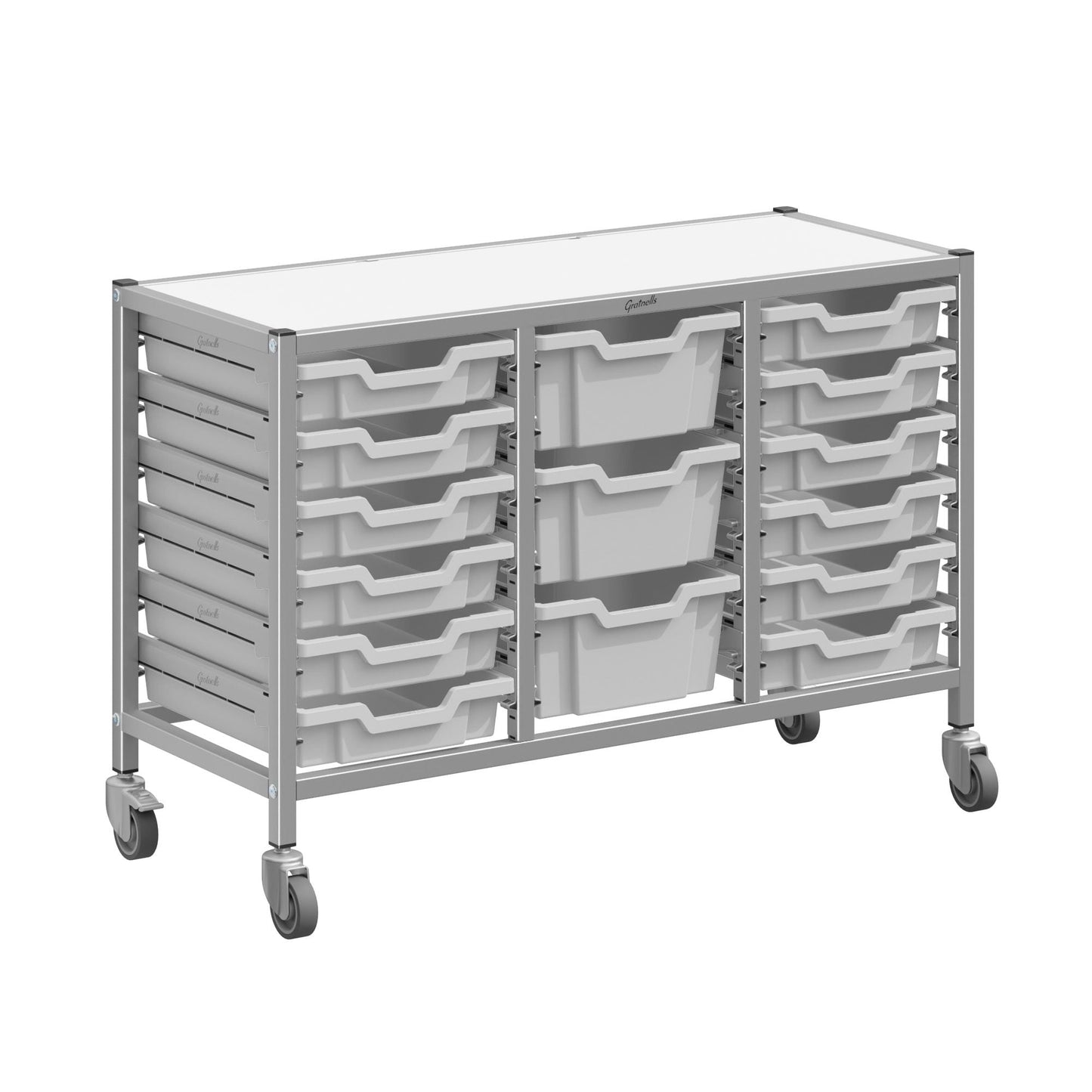 Gratnells Dynamis Low Triple Cart Set 60 Silver with 3" Casters, 2 braked & Feet 12 - 3 inch and 3 - 6 inch deep Trays (GRA - DYTL344) - SchoolOutlet