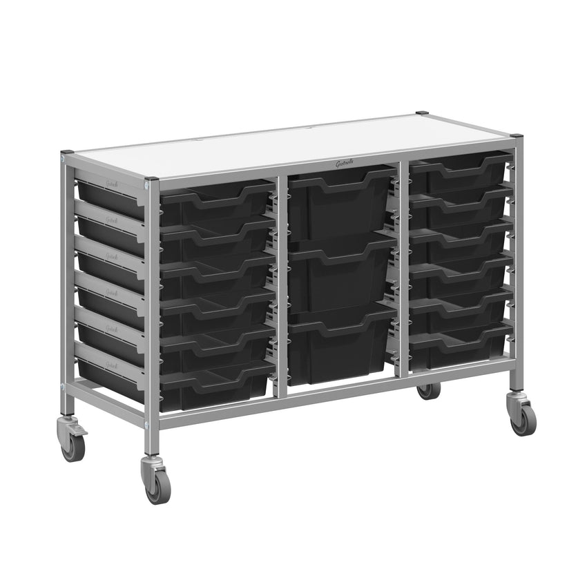 Gratnells Dynamis Low Triple Cart Set 60 Silver with 3" Casters, 2 braked & Feet 12 - 3 inch and 3 - 6 inch deep Trays (GRA - DYTL344) - SchoolOutlet