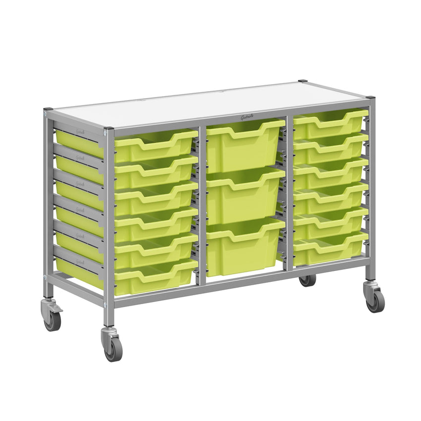 Gratnells Dynamis Low Triple Cart Set 60 Silver with 3" Casters, 2 braked & Feet 12 - 3 inch and 3 - 6 inch deep Trays (GRA - DYTL344) - SchoolOutlet