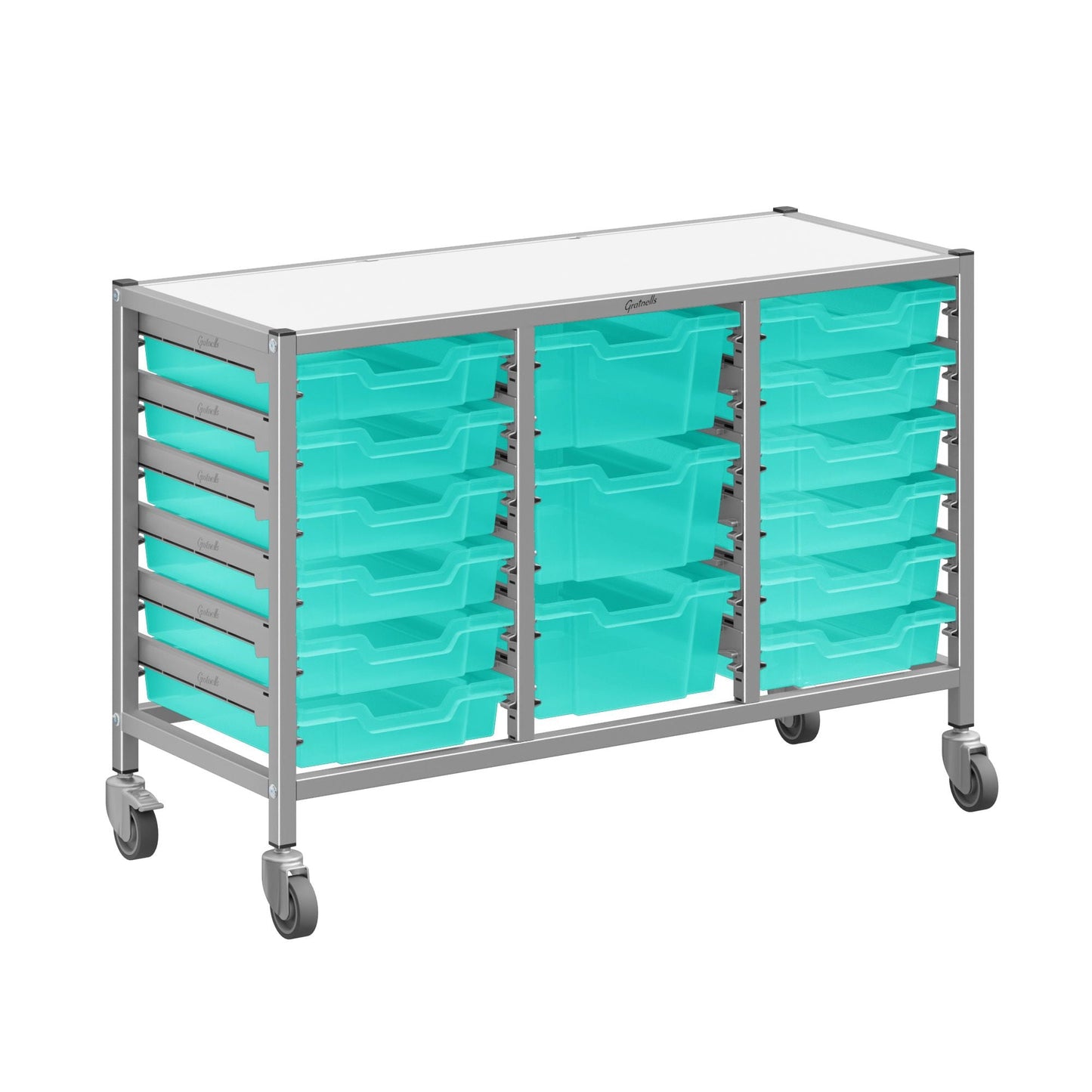 Gratnells Dynamis Low Triple Cart Set 60 Silver with 3" Casters, 2 braked & Feet 12 - 3 inch and 3 - 6 inch deep Trays (GRA - DYTL344) - SchoolOutlet