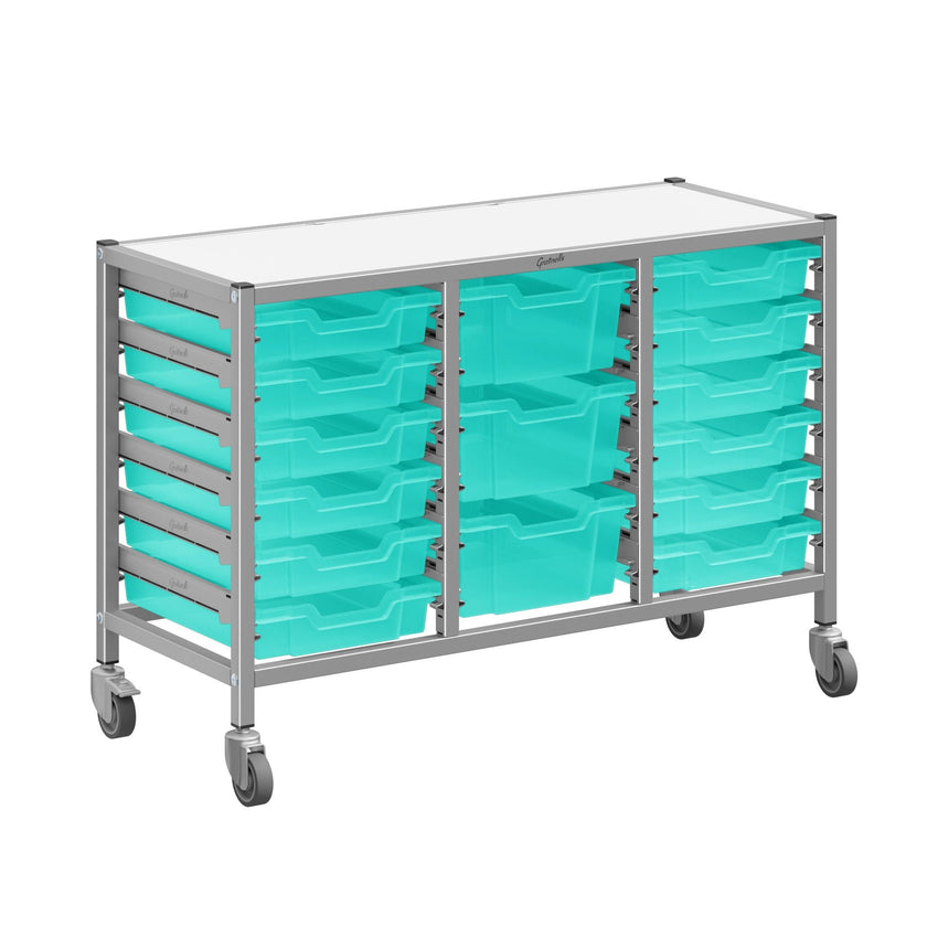 Gratnells Dynamis Low Triple Cart Set 60 Silver with 3" Casters, 2 braked & Feet 12 - 3 inch and 3 - 6 inch deep Trays (GRA - DYTL344) - SchoolOutlet