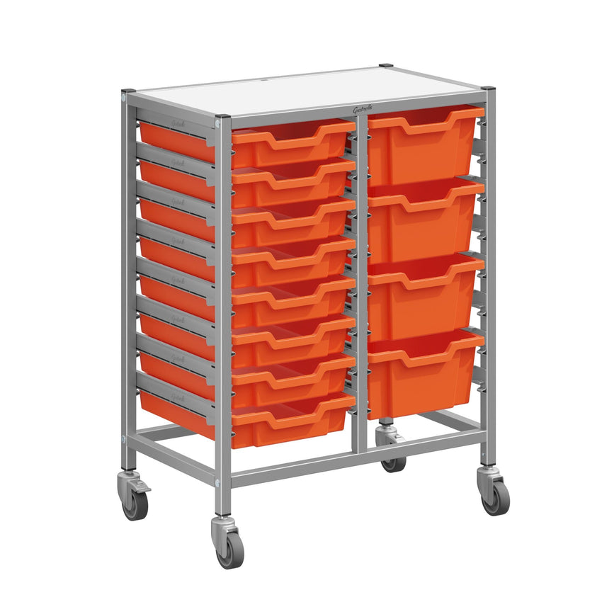 Gratnells Dynamis Double Cart Set 23 Silver with 3" 2 Braked Casters & Optional Feet and 8 - 3 inch deep and 4 - 6 inch Trays (GRA - DYTM244C01) - SchoolOutlet