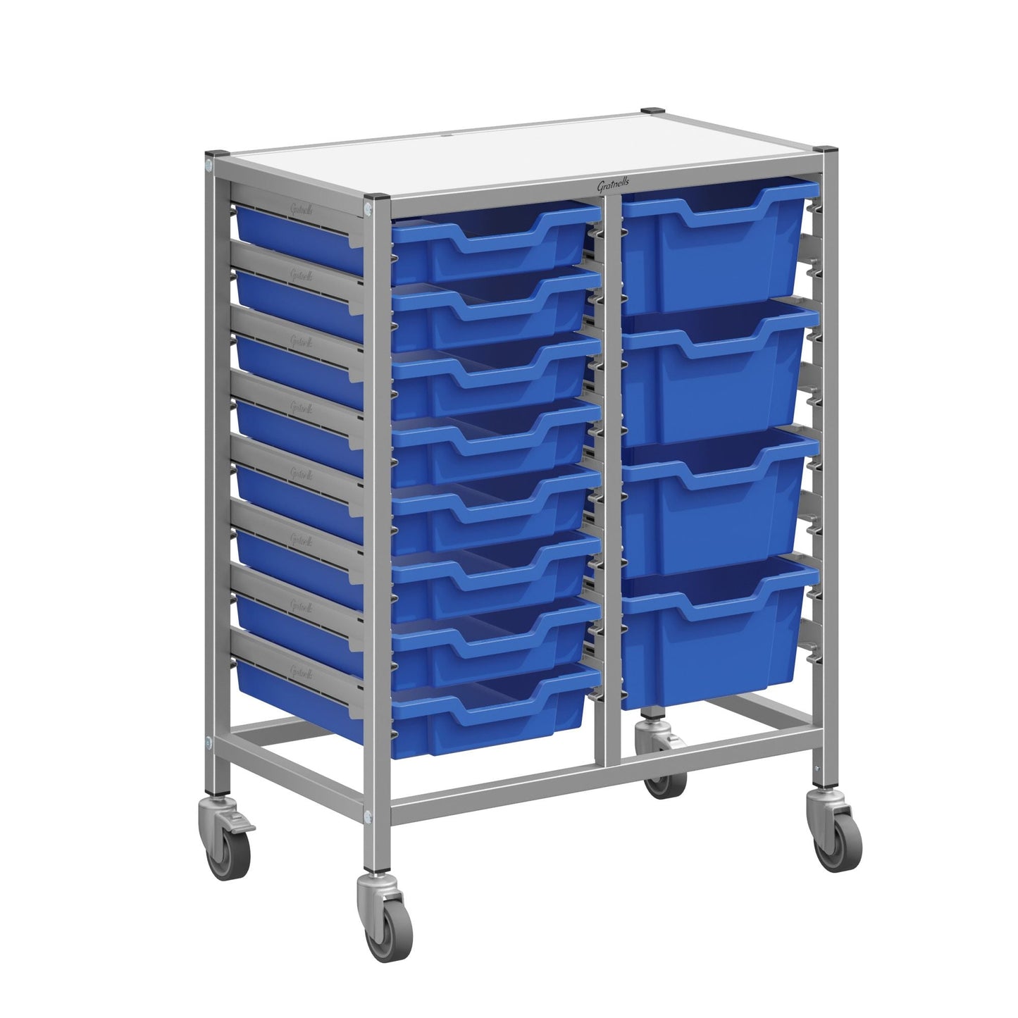 Gratnells Dynamis Double Cart Set 23 Silver with 3" 2 Braked Casters & Optional Feet and 8 - 3 inch deep and 4 - 6 inch Trays (GRA - DYTM244C01) - SchoolOutlet
