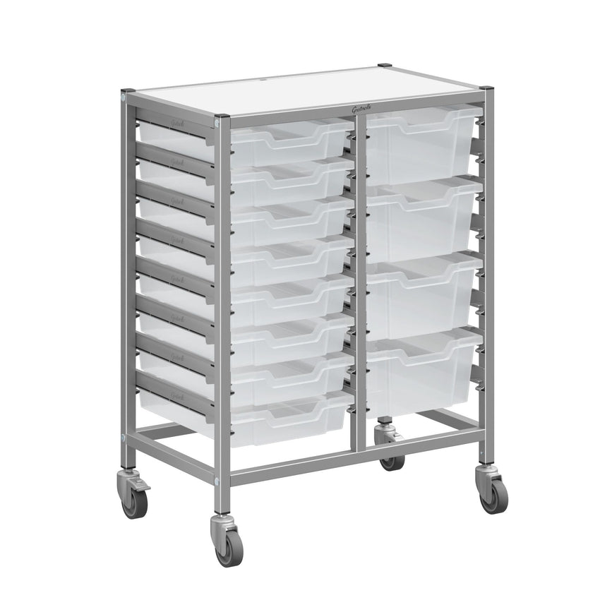Gratnells Dynamis Double Cart Set 23 Silver with 3" 2 Braked Casters & Optional Feet and 8 - 3 inch deep and 4 - 6 inch Trays (GRA - DYTM244C01) - SchoolOutlet