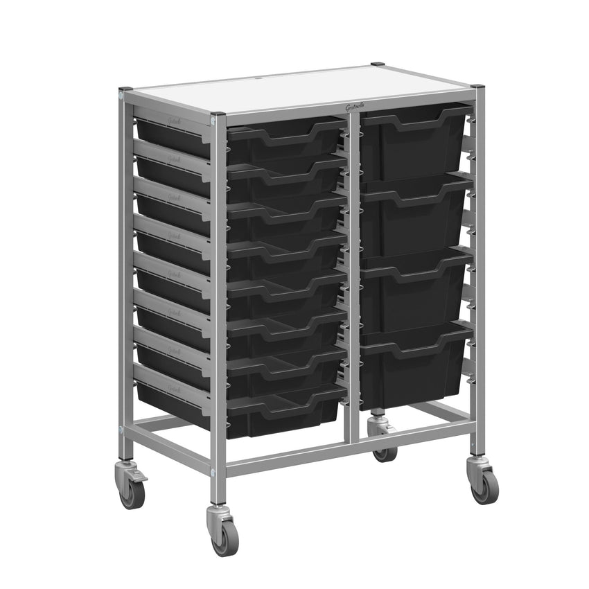 Gratnells Dynamis Double Cart Set 23 Silver with 3" 2 Braked Casters & Optional Feet and 8 - 3 inch deep and 4 - 6 inch Trays (GRA - DYTM244C01) - SchoolOutlet