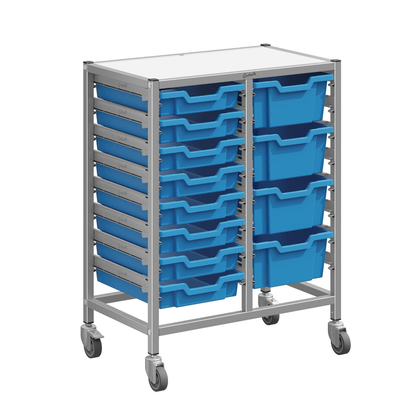 Gratnells Dynamis Double Cart Set 23 Silver with 3" 2 Braked Casters & Optional Feet and 8 - 3 inch deep and 4 - 6 inch Trays (GRA - DYTM244C01) - SchoolOutlet