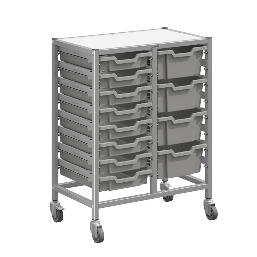 Gratnells Dynamis Double Cart Set 23 Silver with 3" 2 Braked Casters & Optional Feet and 8 - 3 inch deep and 4 - 6 inch Trays (GRA - DYTM244C01) - SchoolOutlet
