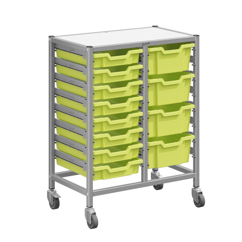 Gratnells Dynamis Double Cart Set 23 Silver with 3" 2 Braked Casters & Optional Feet and 8 - 3 inch deep and 4 - 6 inch Trays (GRA - DYTM244C01) - SchoolOutlet