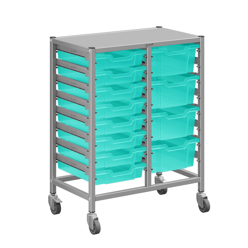 Gratnells Dynamis Double Cart Set 23 Silver with 3" 2 Braked Casters & Optional Feet and 8 - 3 inch deep and 4 - 6 inch Trays (GRA - DYTM244C01) - SchoolOutlet