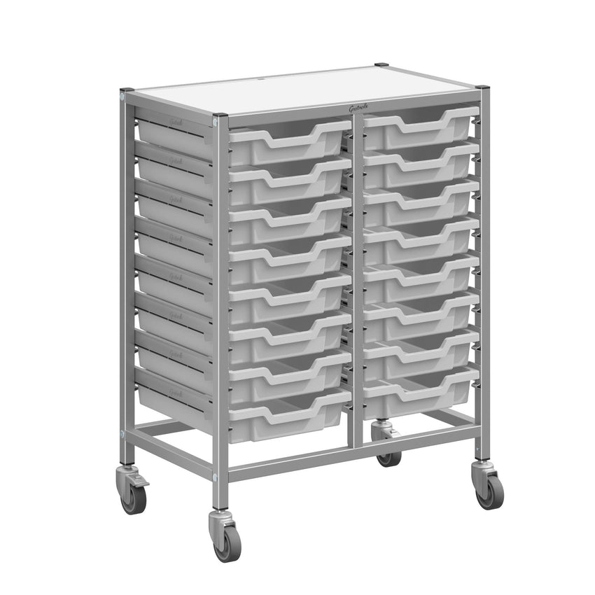 Gratnells Dynamis Double Cart Set 5 Silver with 3" 2 Braked Casters & Optional Feet and 16 - 3 inch deep Trays (GRA - DYTM244F01) - SchoolOutlet