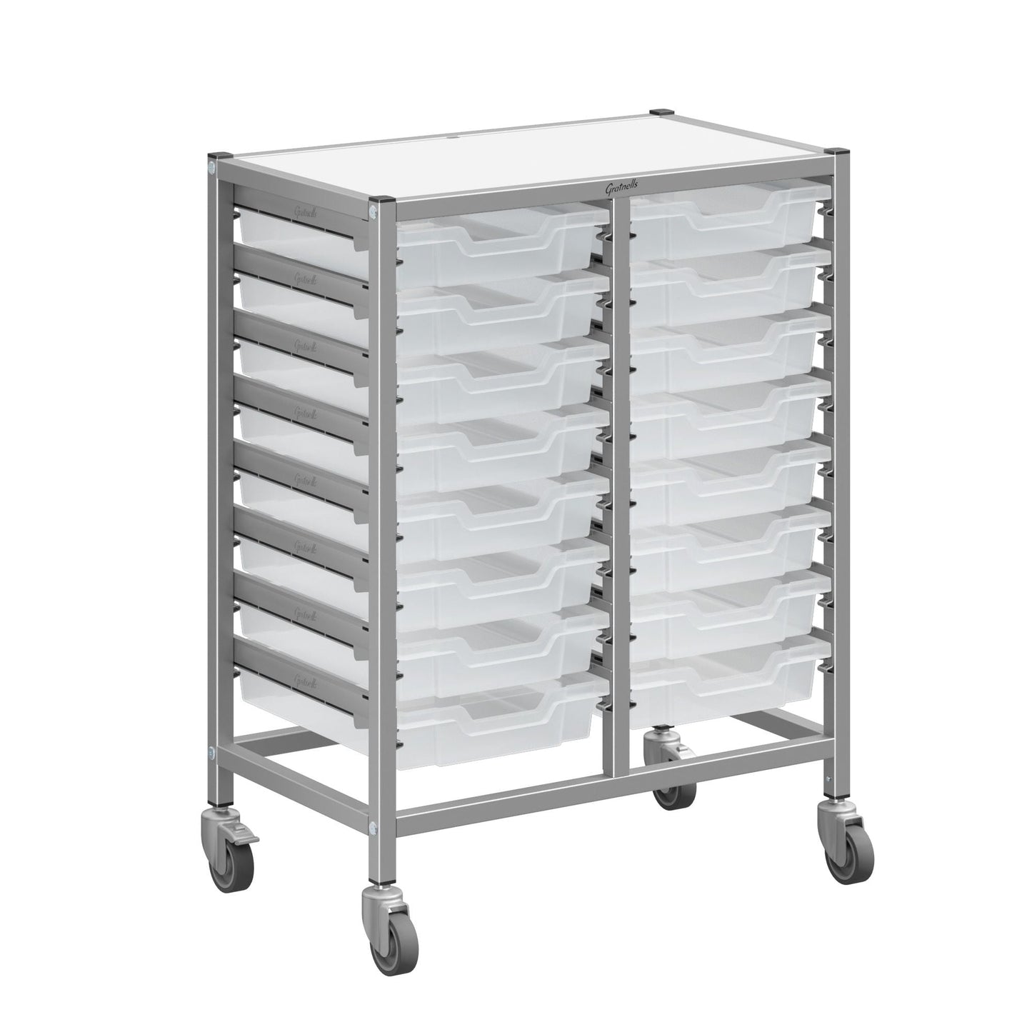 Gratnells Dynamis Double Cart Set 5 Silver with 3" 2 Braked Casters & Optional Feet and 16 - 3 inch deep Trays (GRA - DYTM244F01) - SchoolOutlet