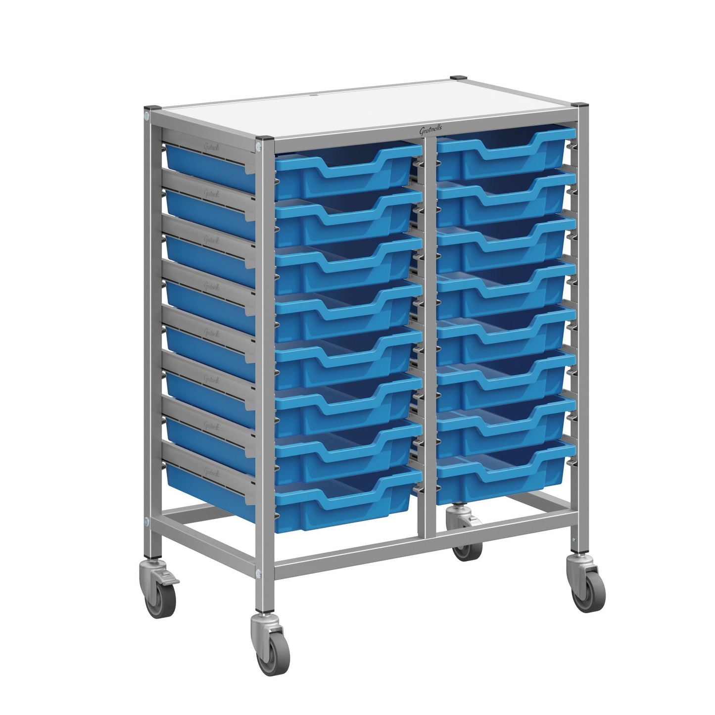 Gratnells Dynamis Double Cart Set 5 Silver with 3" 2 Braked Casters & Optional Feet and 16 - 3 inch deep Trays (GRA - DYTM244F01) - SchoolOutlet