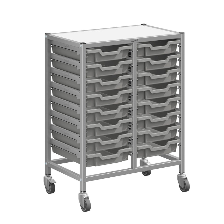 Gratnells Dynamis Double Cart Set 5 Silver with 3" 2 Braked Casters & Optional Feet and 16 - 3 inch deep Trays (GRA - DYTM244F01) - SchoolOutlet