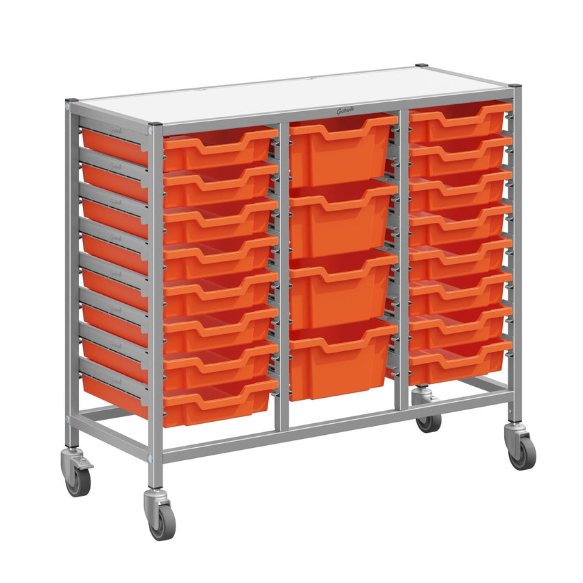 Gratnells Dynamis Triple Cart Set 9 Silver with 3" 2 Braked Casters & Optional Feet and 16 - 3 inch deep and 4 - 6 inch deep Trays (GRA - DYTM344C01) - SchoolOutlet