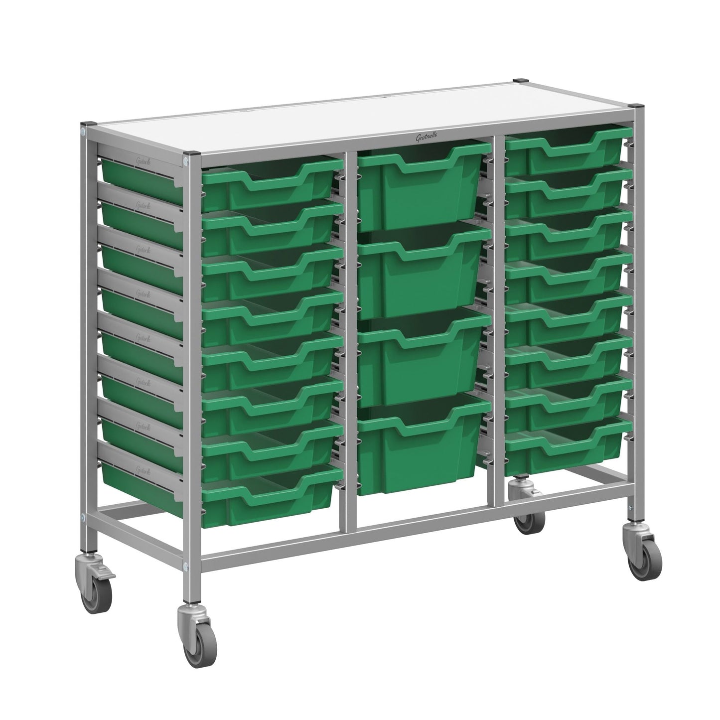 Gratnells Dynamis Triple Cart Set 9 Silver with 3" 2 Braked Casters & Optional Feet and 16 - 3 inch deep and 4 - 6 inch deep Trays (GRA - DYTM344C01) - SchoolOutlet