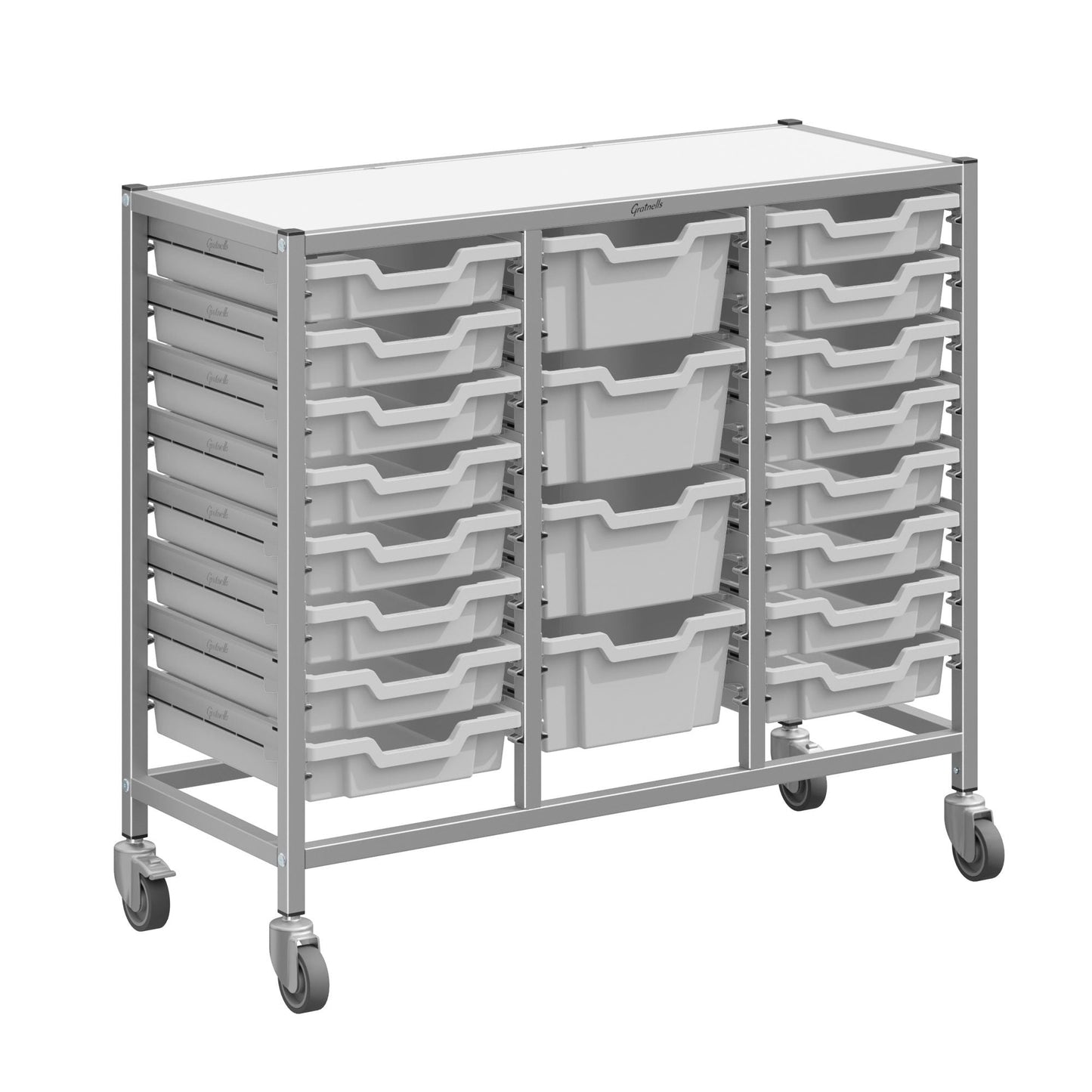 Gratnells Dynamis Triple Cart Set 9 Silver with 3" 2 Braked Casters & Optional Feet and 16 - 3 inch deep and 4 - 6 inch deep Trays (GRA - DYTM344C01) - SchoolOutlet