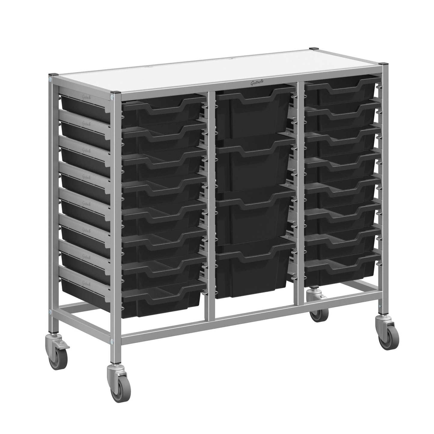Gratnells Dynamis Triple Cart Set 9 Silver with 3" 2 Braked Casters & Optional Feet and 16 - 3 inch deep and 4 - 6 inch deep Trays (GRA - DYTM344C01) - SchoolOutlet