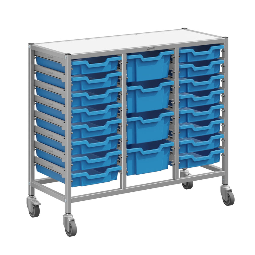 Gratnells Dynamis Triple Cart Set 9 Silver with 3" 2 Braked Casters & Optional Feet and 16 - 3 inch deep and 4 - 6 inch deep Trays (GRA - DYTM344C01) - SchoolOutlet