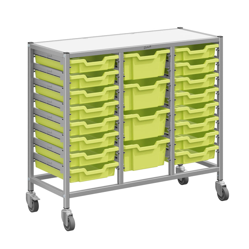 Gratnells Dynamis Triple Cart Set 9 Silver with 3" 2 Braked Casters & Optional Feet and 16 - 3 inch deep and 4 - 6 inch deep Trays (GRA - DYTM344C01) - SchoolOutlet