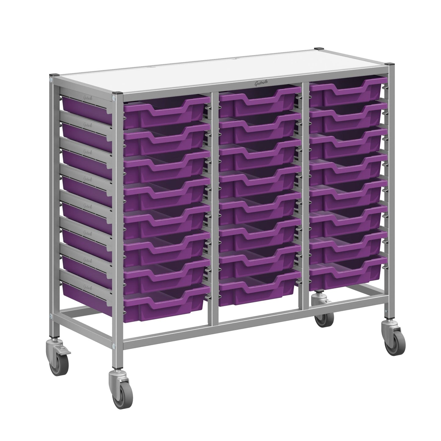 Gratnells Dynamis Triple Cart Set 3 Silver with 3" 2 Braked Casters & Optional Feet and 24 - 3 inch deep Trays (GRA - DYTM344F01) - SchoolOutlet