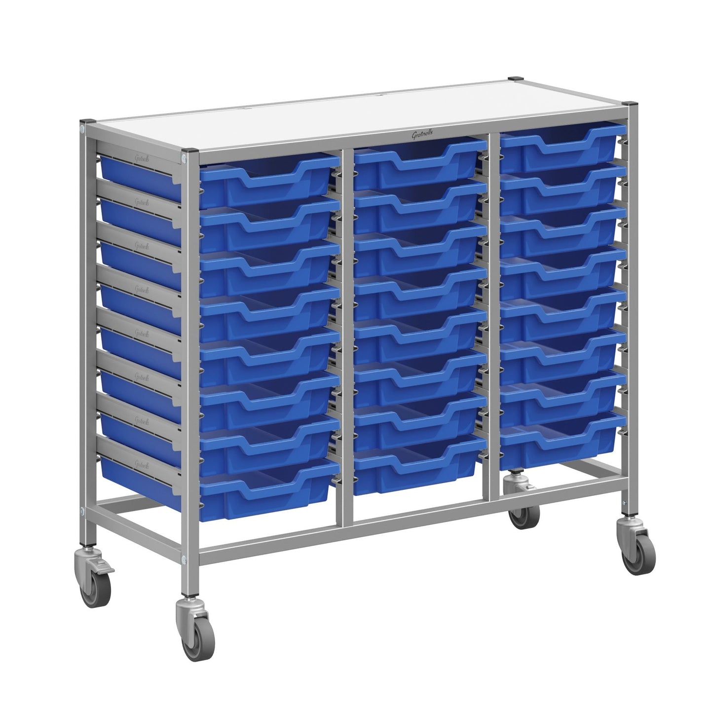 Gratnells Dynamis Triple Cart Set 3 Silver with 3" 2 Braked Casters & Optional Feet and 24 - 3 inch deep Trays (GRA - DYTM344F01) - SchoolOutlet