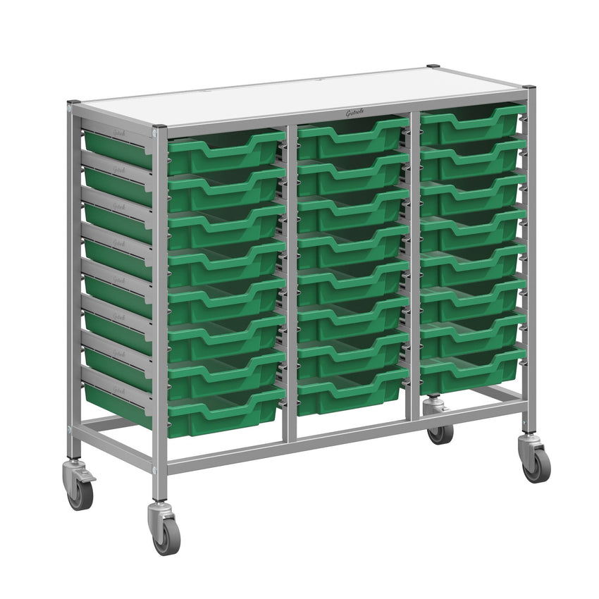 Gratnells Dynamis Triple Cart Set 3 Silver with 3" 2 Braked Casters & Optional Feet and 24 - 3 inch deep Trays (GRA - DYTM344F01) - SchoolOutlet