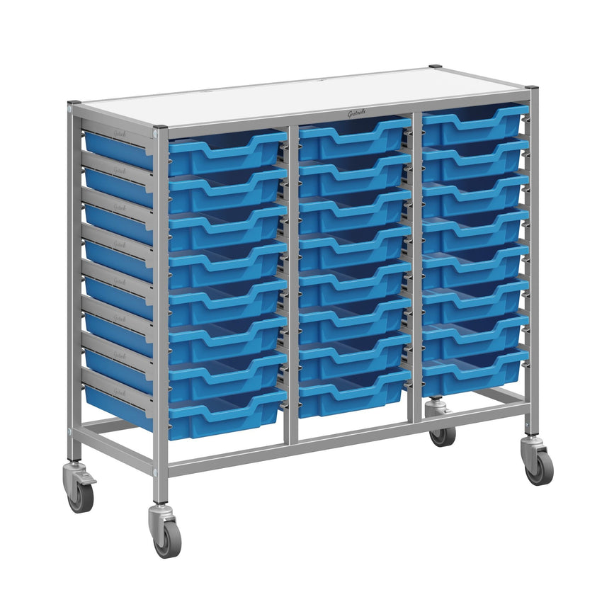 Gratnells Dynamis Triple Cart Set 3 Silver with 3" 2 Braked Casters & Optional Feet and 24 - 3 inch deep Trays (GRA - DYTM344F01) - SchoolOutlet