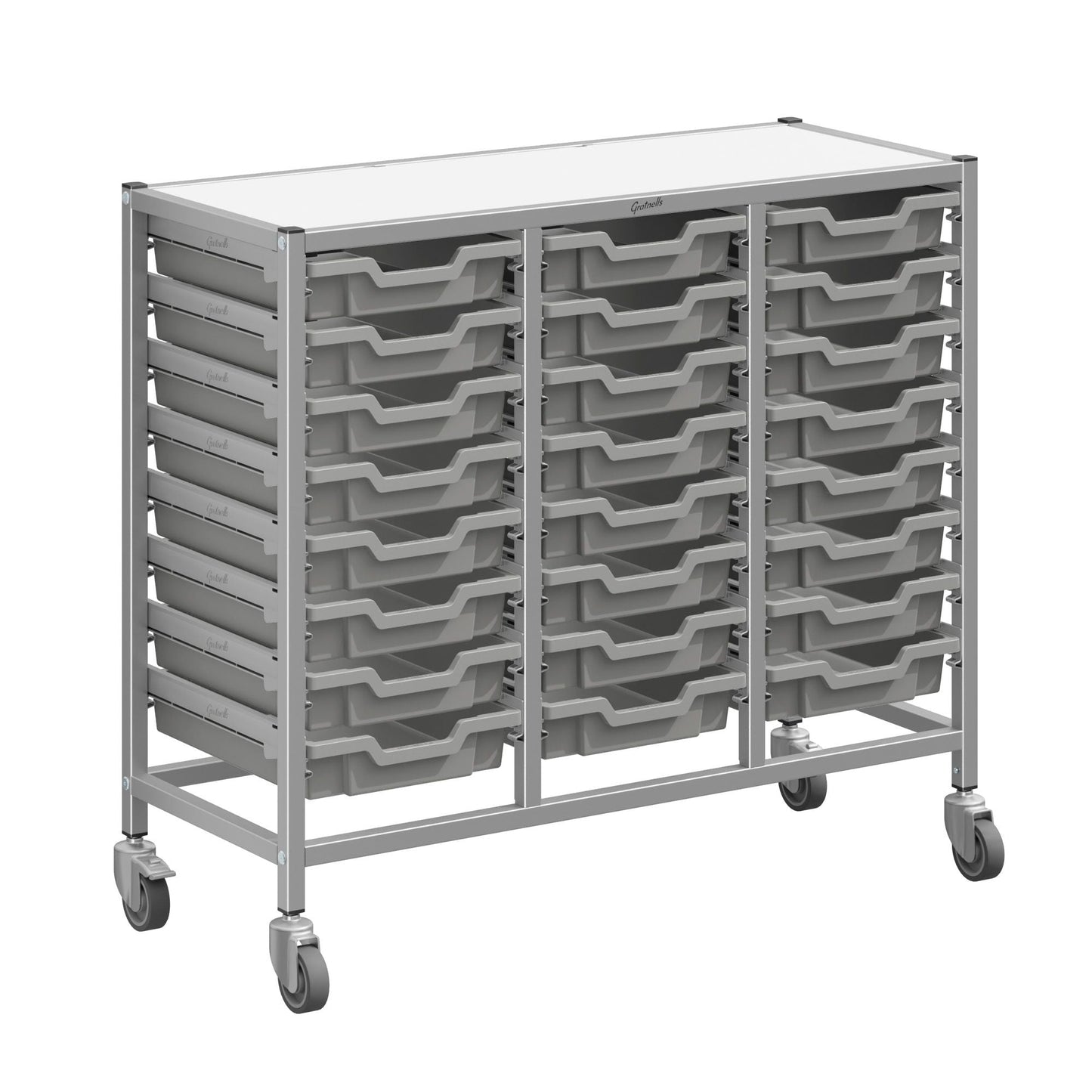 Gratnells Dynamis Triple Cart Set 3 Silver with 3" 2 Braked Casters & Optional Feet and 24 - 3 inch deep Trays (GRA - DYTM344F01) - SchoolOutlet