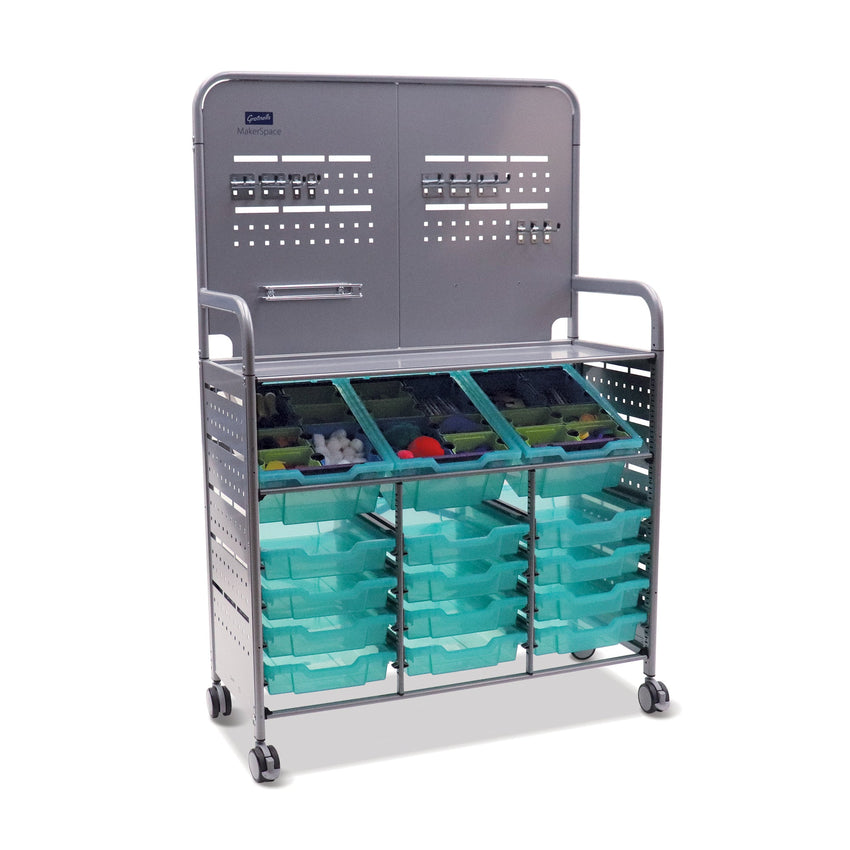Gratnells MakerSpace Cart Set 1 in Silver w/ fixings pack 3 Deep and 12 Shallow Trays (GRA - MST0144) - SchoolOutlet