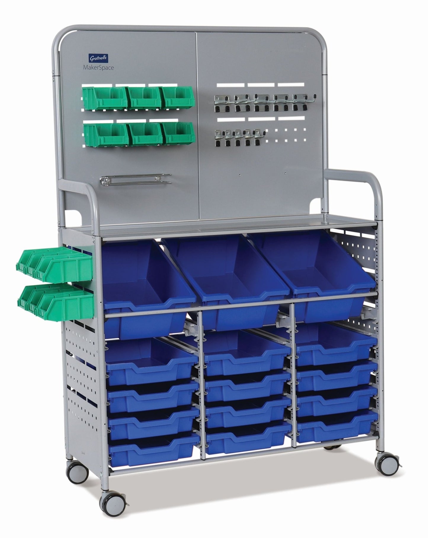 Gratnells MakerSpace Cart Set 1 in Silver w/ fixings pack 3 Deep and 12 Shallow Trays (GRA - MST0144) - SchoolOutlet