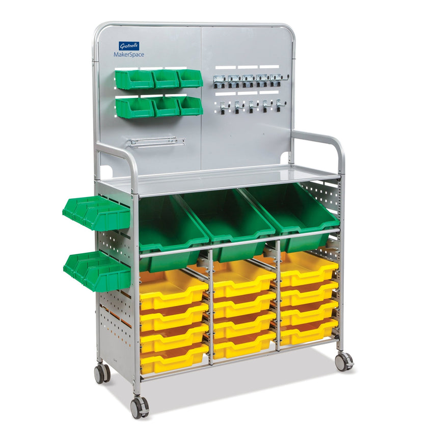 Gratnells MakerSpace Cart Set 1 in Silver w/ fixings pack 3 Deep and 12 Shallow Trays (GRA - MST0144) - SchoolOutlet