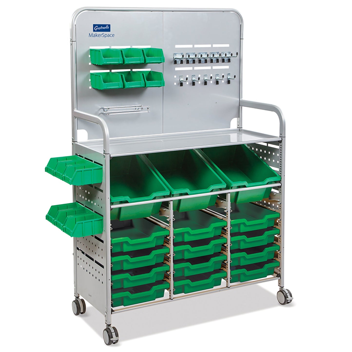 Gratnells MakerSpace Cart Set 1 in Silver w/ fixings pack 3 Deep and 12 Shallow Trays (GRA - MST0144) - SchoolOutlet
