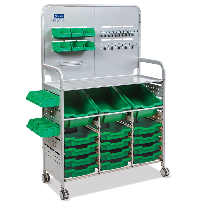 Gratnells MakerSpace Cart Set 1 in Silver w/ fixings pack 3 Deep and 12 Shallow Trays (GRA - MST0144) - SchoolOutlet