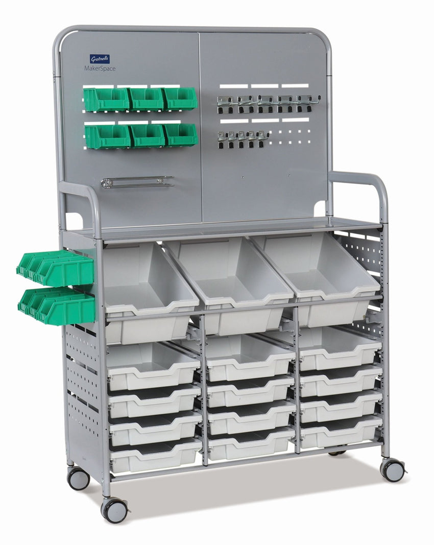 Gratnells MakerSpace Cart Set 1 in Silver w/ fixings pack 3 Deep and 12 Shallow Trays (GRA - MST0144) - SchoolOutlet