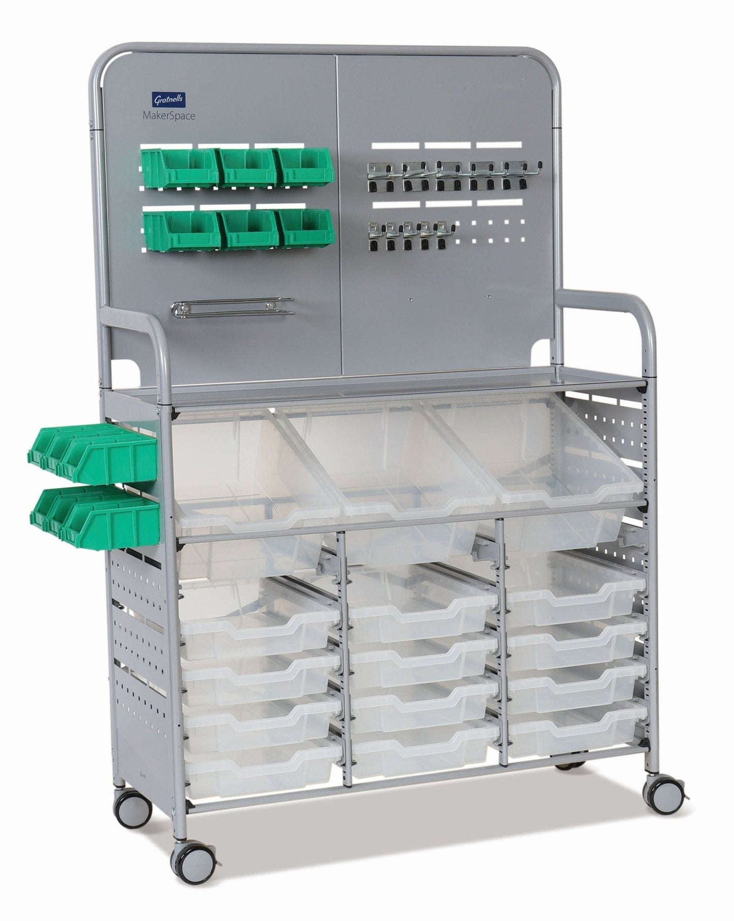 Gratnells MakerSpace Cart Set 1 in Silver w/ fixings pack 3 Deep and 12 Shallow Trays (GRA - MST0144) - SchoolOutlet