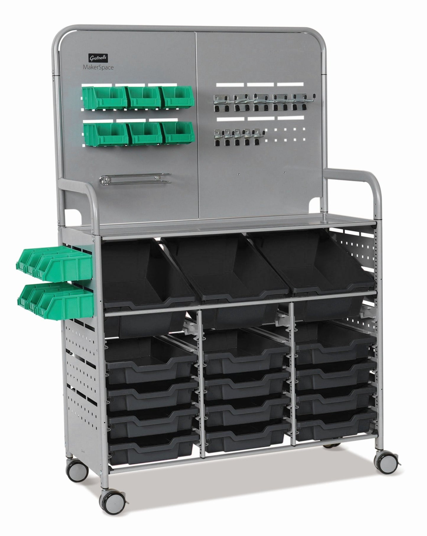 Gratnells MakerSpace Cart Set 1 in Silver w/ fixings pack 3 Deep and 12 Shallow Trays (GRA - MST0144) - SchoolOutlet