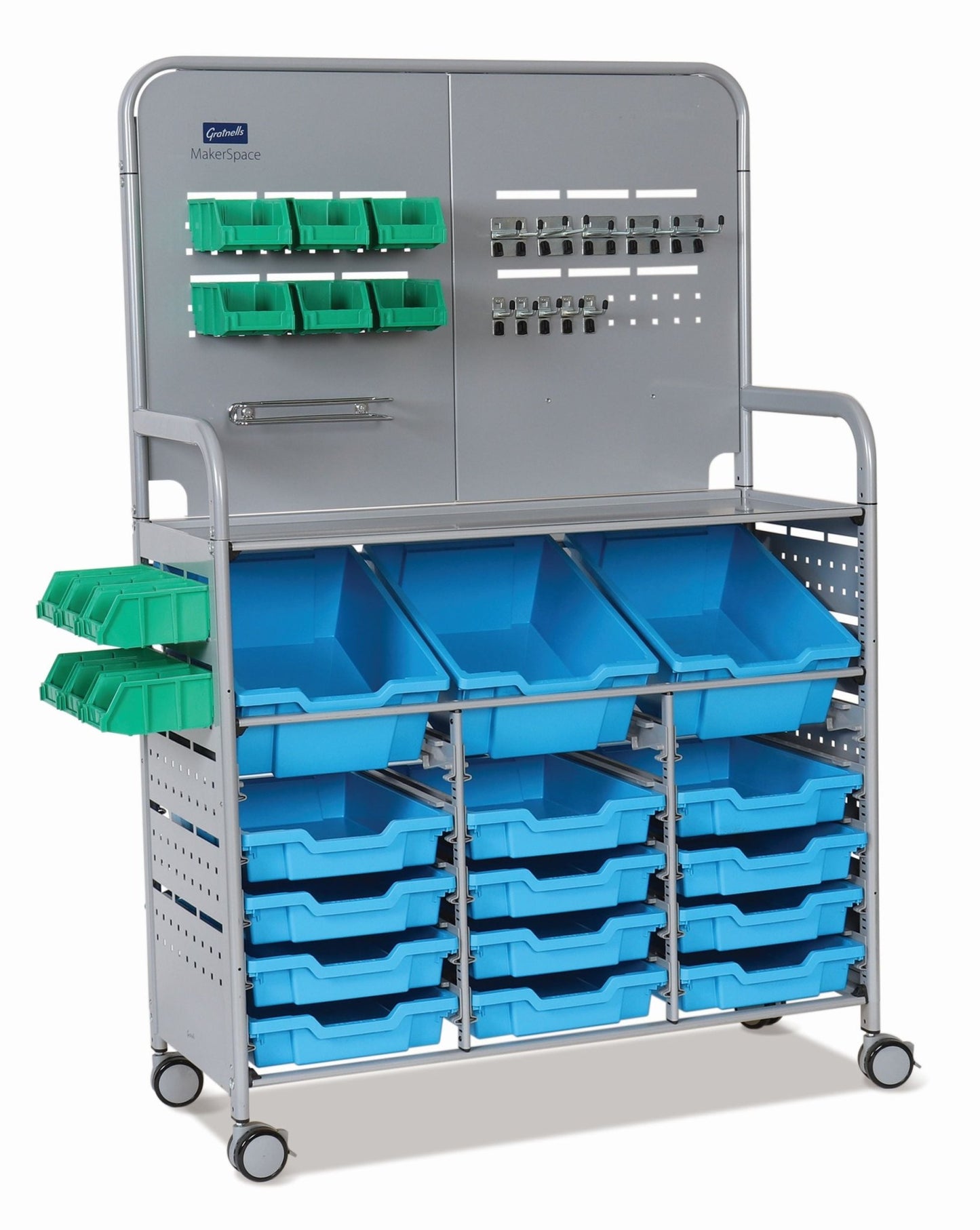 Gratnells MakerSpace Cart Set 1 in Silver w/ fixings pack 3 Deep and 12 Shallow Trays (GRA - MST0144) - SchoolOutlet