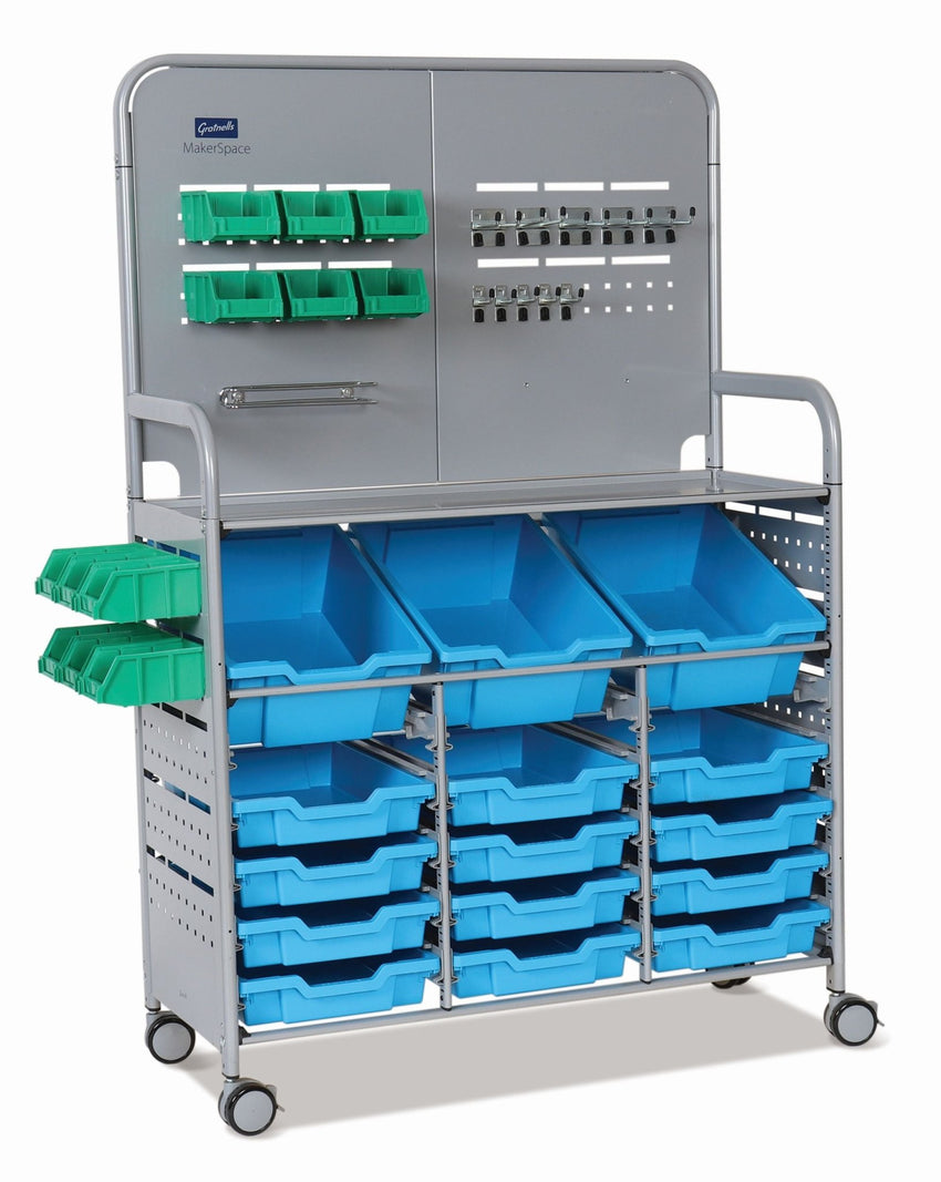 Gratnells MakerSpace Cart Set 1 in Silver w/ fixings pack 3 Deep and 12 Shallow Trays (GRA - MST0144) - SchoolOutlet