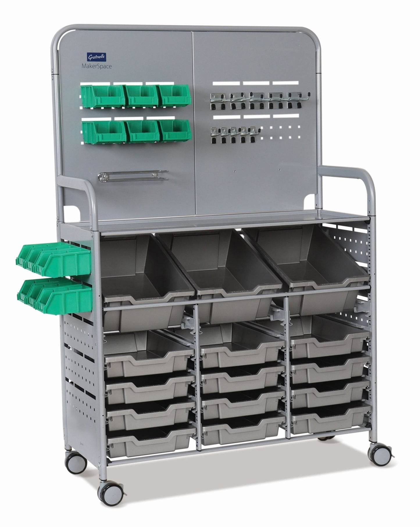 Gratnells MakerSpace Cart Set 1 in Silver w/ fixings pack 3 Deep and 12 Shallow Trays (GRA - MST0144) - SchoolOutlet