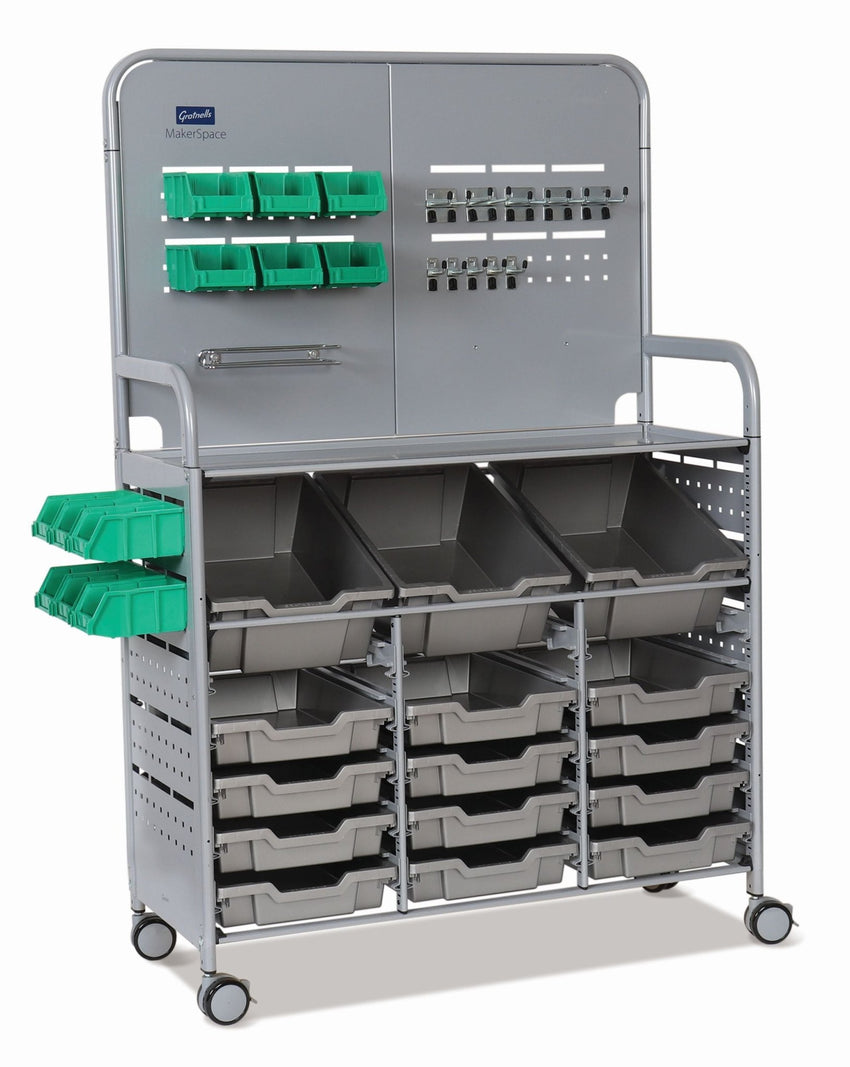 Gratnells MakerSpace Cart Set 1 in Silver w/ fixings pack 3 Deep and 12 Shallow Trays (GRA - MST0144) - SchoolOutlet