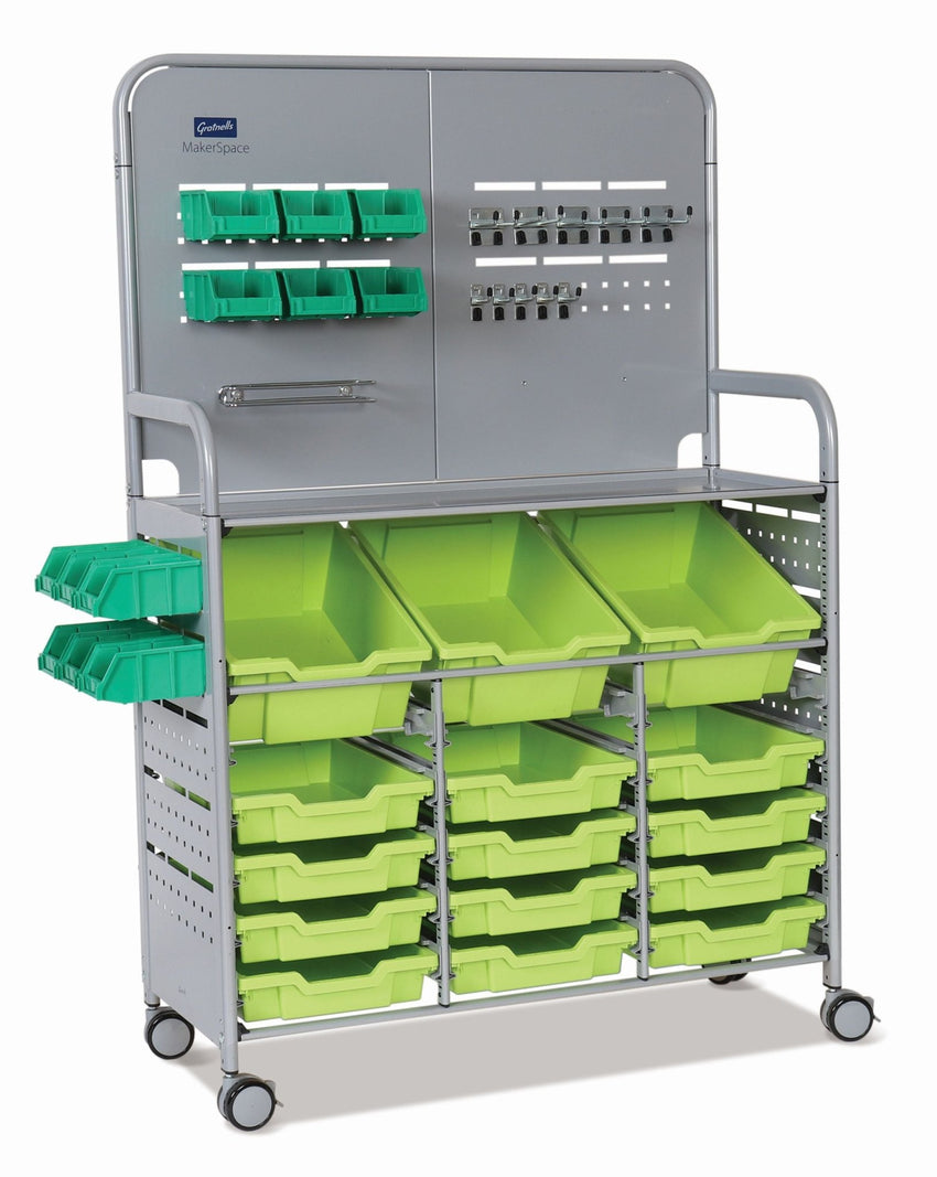 Gratnells MakerSpace Cart Set 1 in Silver w/ fixings pack 3 Deep and 12 Shallow Trays (GRA - MST0144) - SchoolOutlet