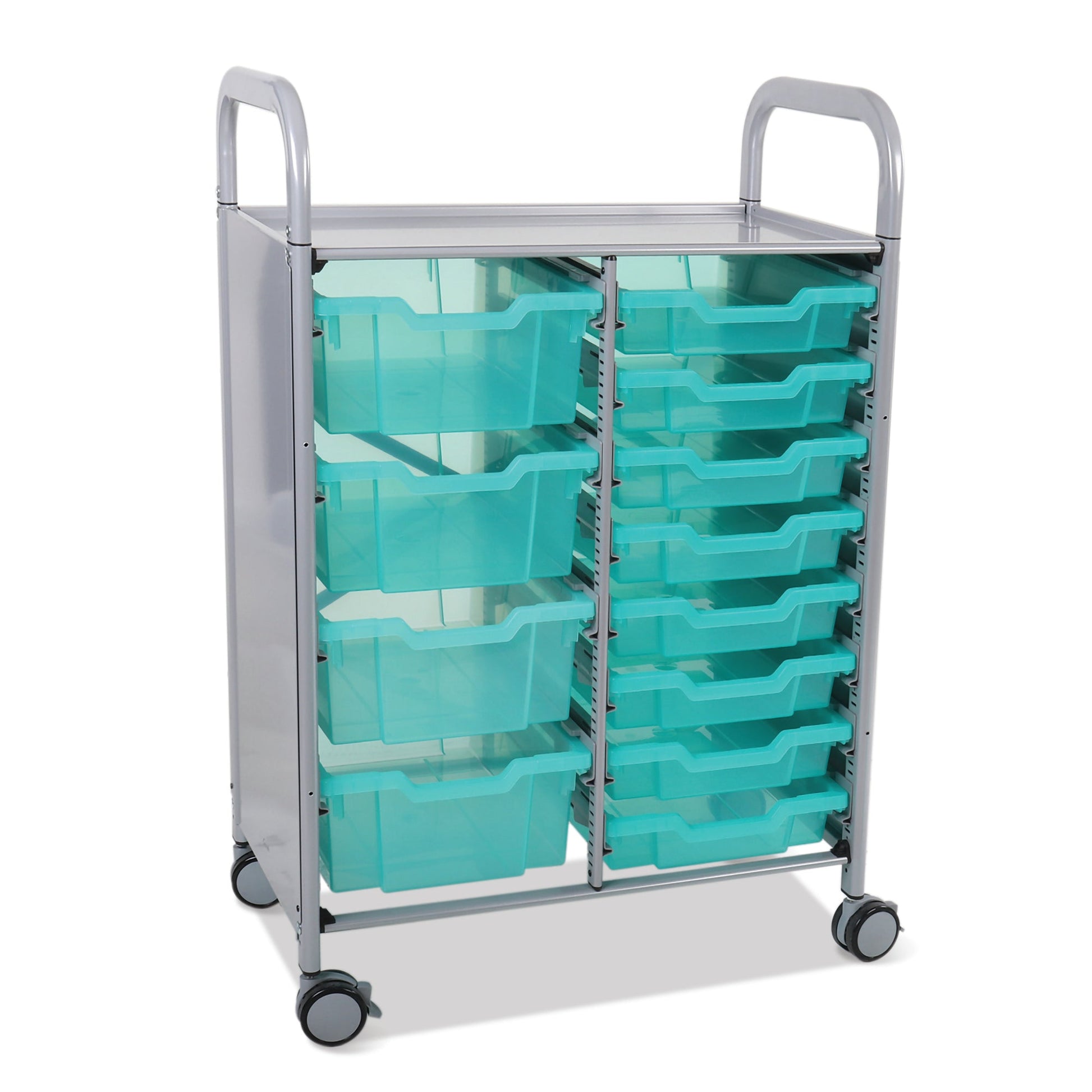 Gratnells Callero Double Cart in Silver with 8 Shallow Trays & 4 Deep Trays (GRA - SSET1844) - SchoolOutlet