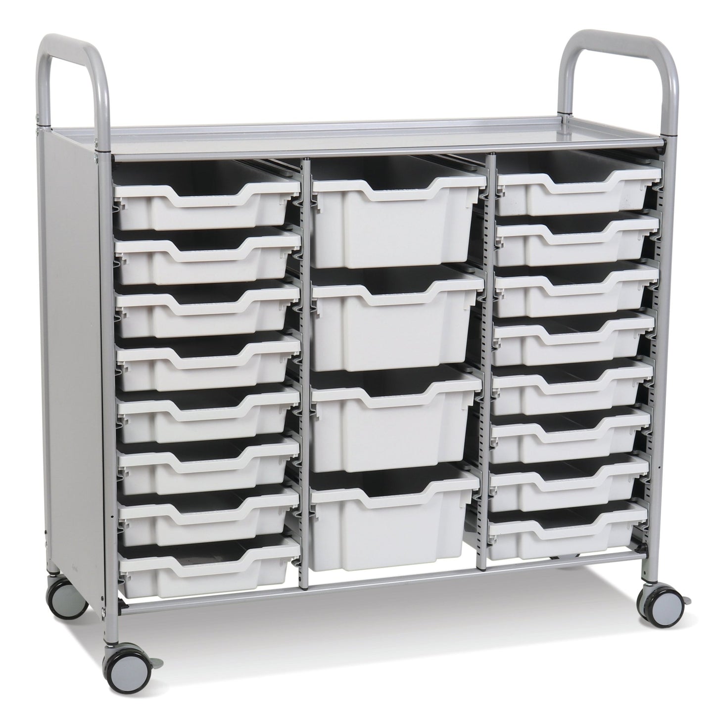 Gratnells Callero Triple Cart in Silver with 16 Shallow Trays & 4 Deep Trays (GRA - SSET2144) - SchoolOutlet