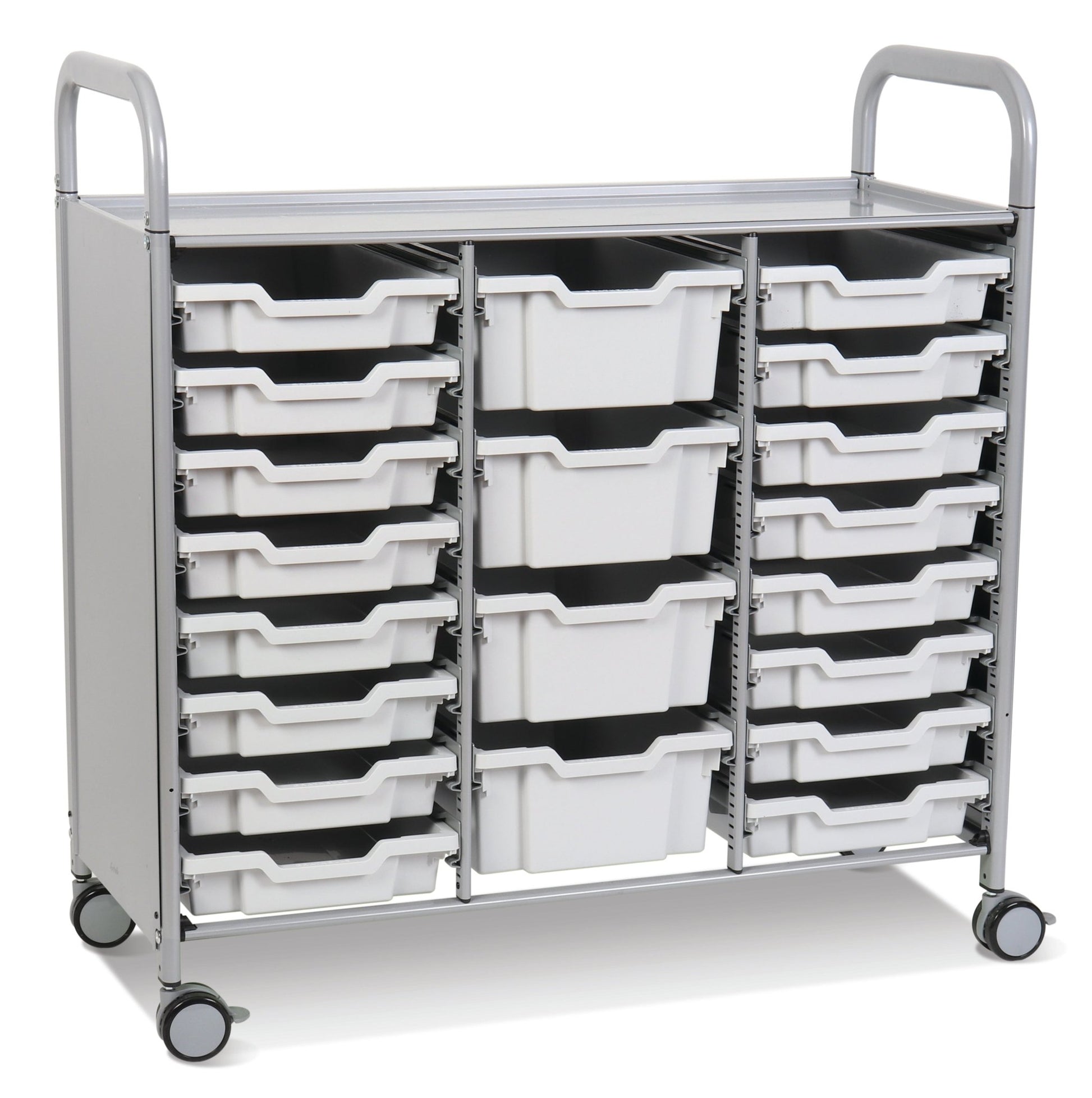 Gratnells Callero Triple Cart in Silver with 16 Shallow Trays & 4 Deep Trays (GRA - SSET2144) - SchoolOutlet