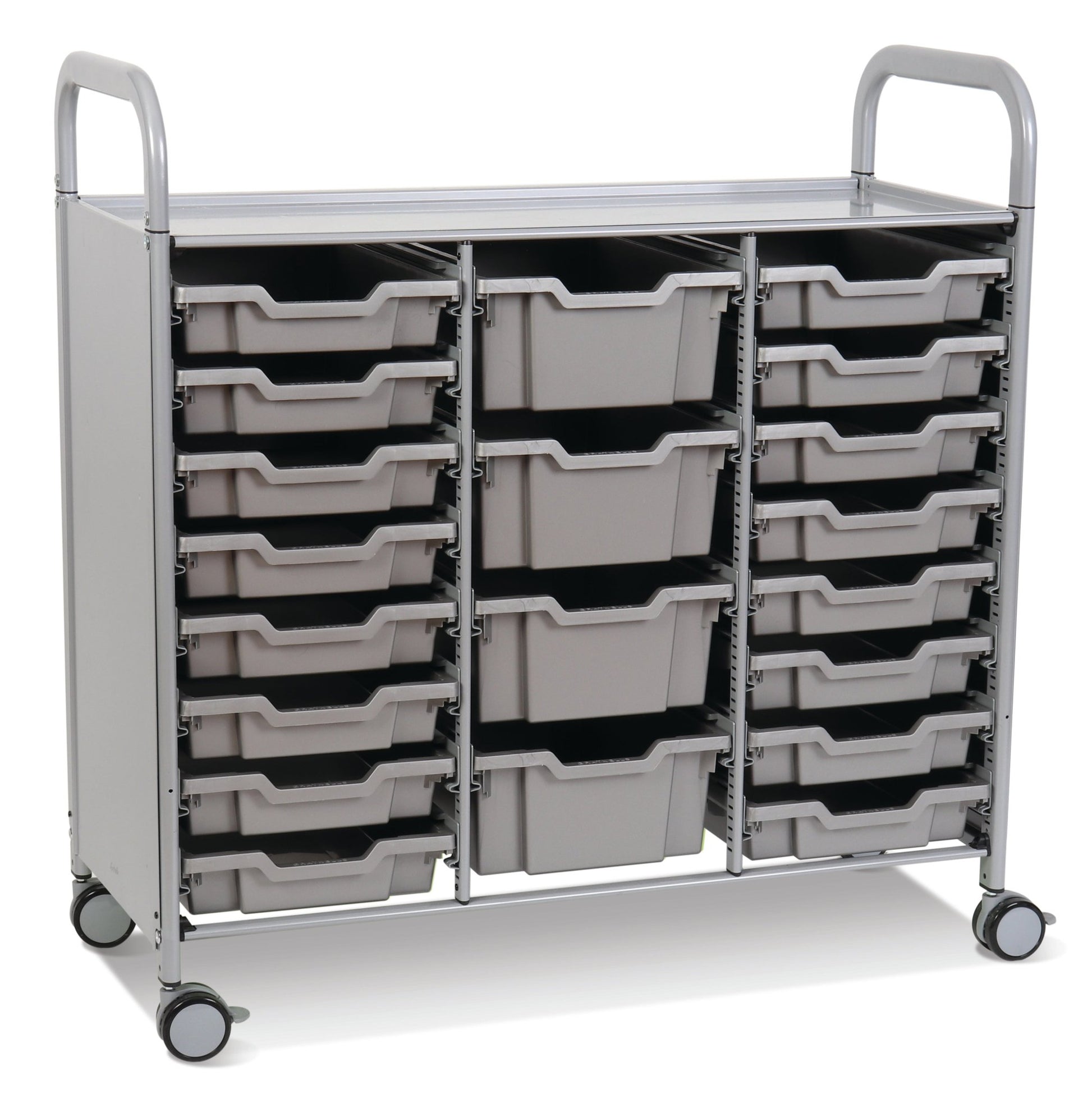 Gratnells Callero Triple Cart in Silver with 16 Shallow Trays & 4 Deep Trays (GRA - SSET2144) - SchoolOutlet