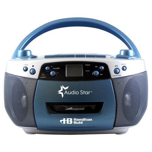 HamiltonBuhl Ear AudioStar Boombox Radio, CD, USB, Cassette Player with Tape and CD to MP3 Converter - Blue (HML - 5050ULTRA) - SchoolOutlet
