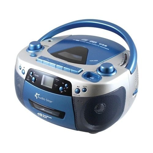 HamiltonBuhl Ear AudioStar Boombox Radio, CD, USB, Cassette Player with Tape and CD to MP3 Converter - Blue (HML - 5050ULTRA) - SchoolOutlet