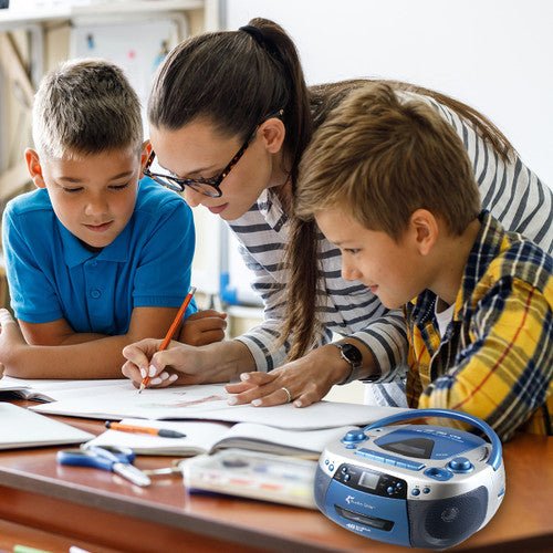 HamiltonBuhl Ear AudioStar Boombox Radio, CD, USB, Cassette Player with Tape and CD to MP3 Converter - Blue (HML - 5050ULTRA) - SchoolOutlet